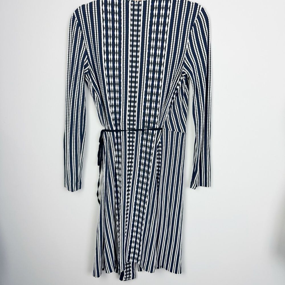 TORY BURCH | Jacquard Striped Navy Blue Long Sleeve Wrap Dress Women’s Size M - Picture 10 of 14